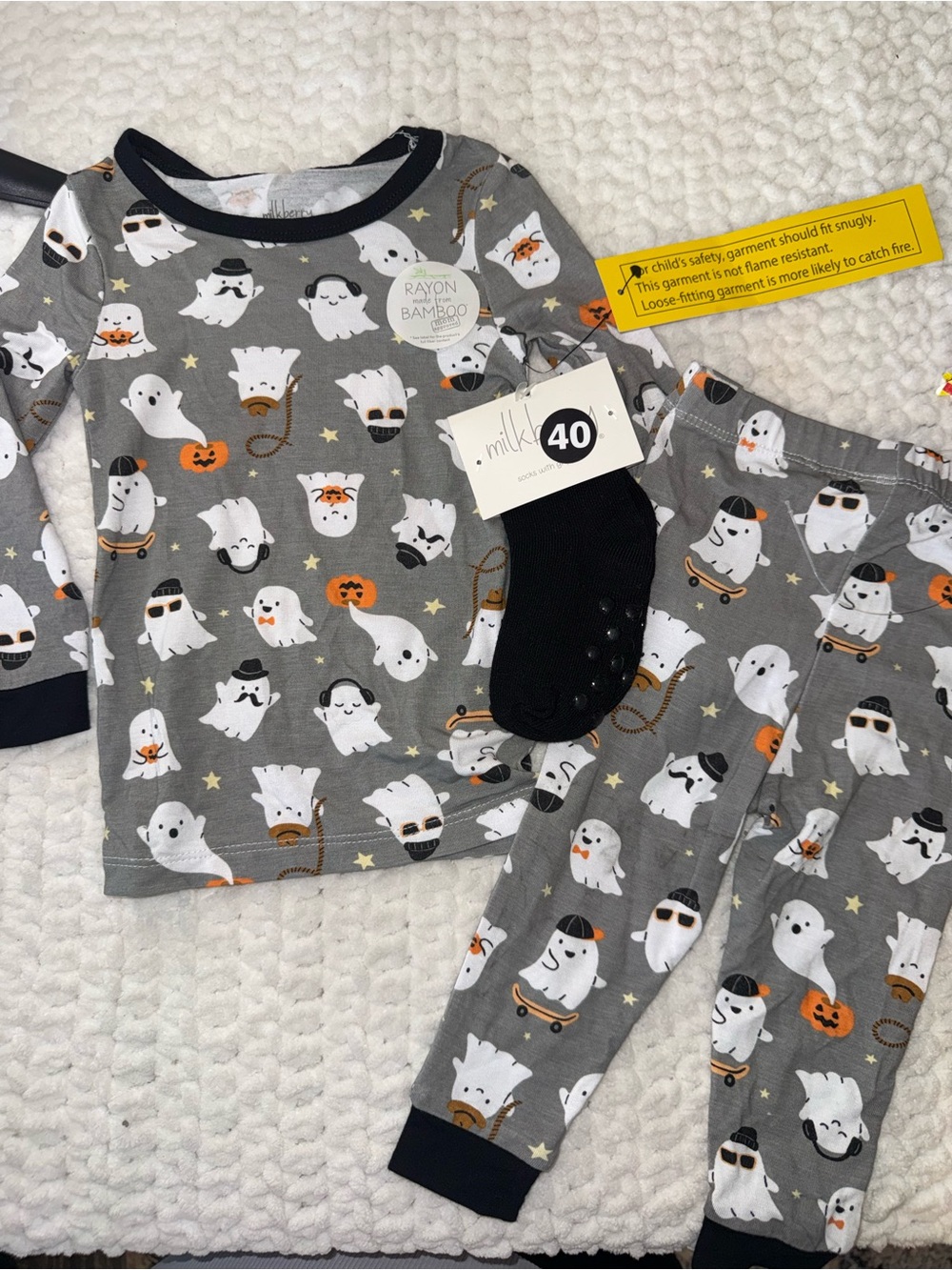 Kids Grey Ghost Print Pajama Set with Navy Trim - Unbranded